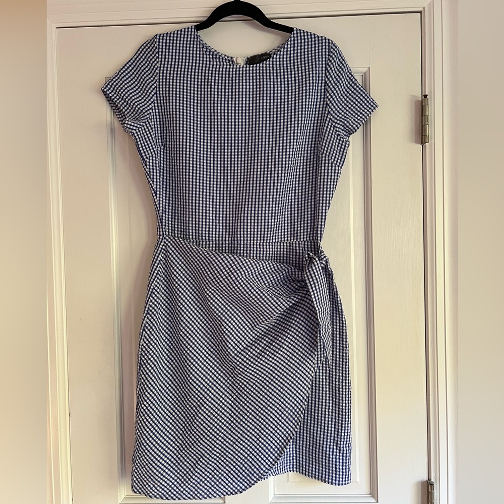 Aqua Blue and White Gingham Seersucker faux wrap dress